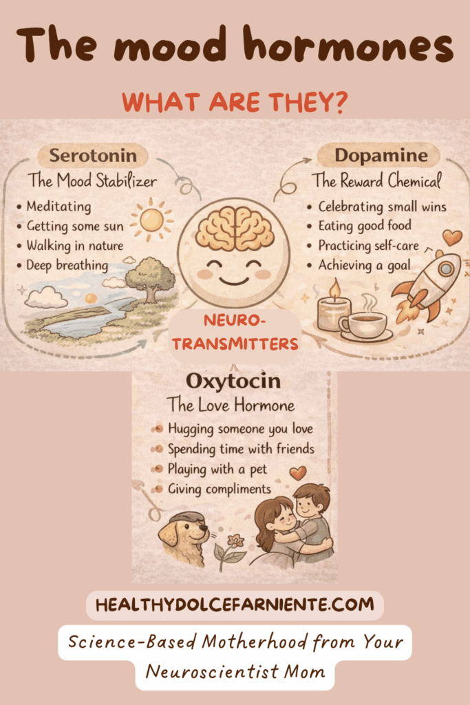 the mood hormones: serotonin, dopamine and oxitocyn